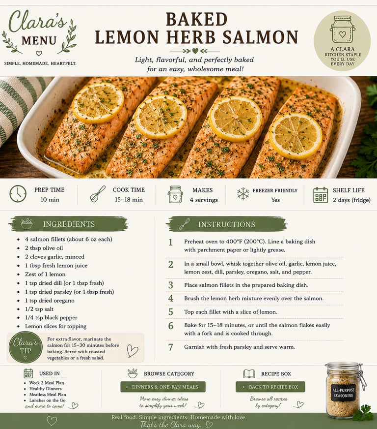 Recipe card for baked lemon herb salmon fillets topped with fresh lemon slices and herbs in a white baking dish.