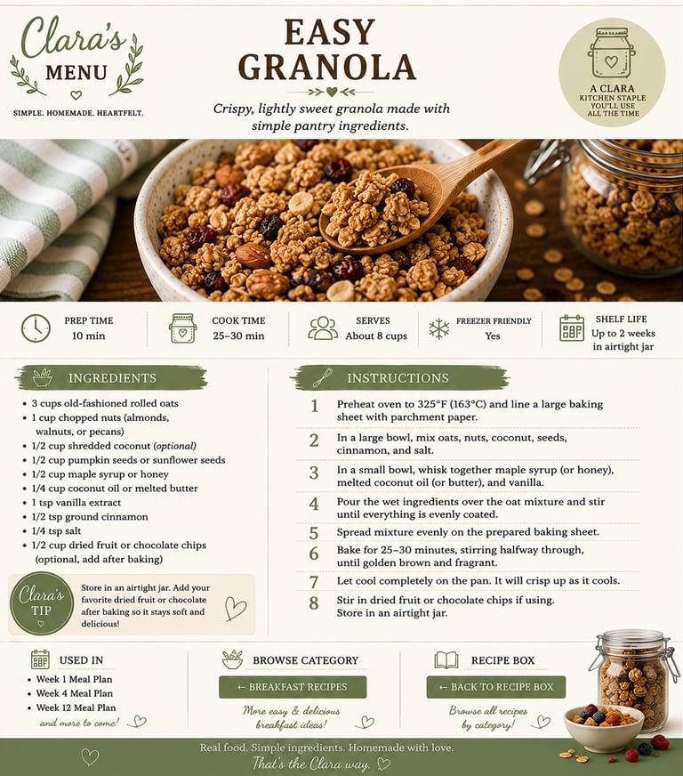 Recipe card for easy homemade granola featuring simple pantry ingredients, instructions, and a bowl of crispy clusters.
