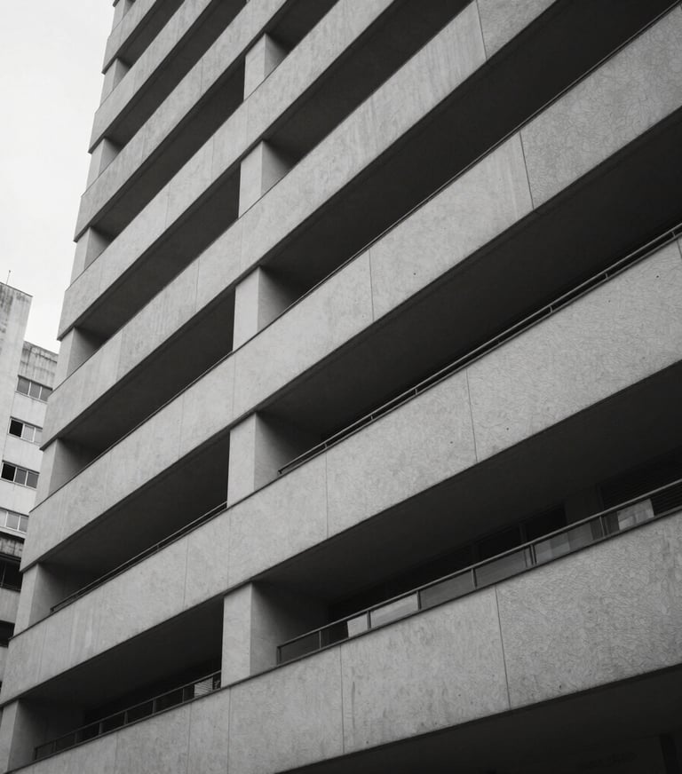 High-end corporate building interior in São Paulo, sharp architectural lines, soft natural light, minimalist composition, gray and white tones.