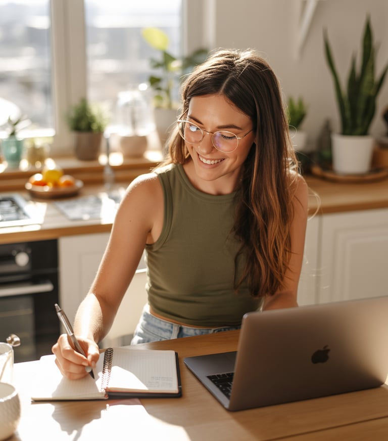 a woman sitting at a table with a laptop and a notebook