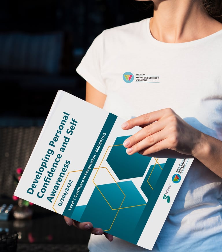 Custom-designed workbook for Worcestershire College, showcasing branding and typography.