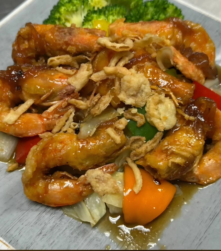 South Thailand Tamarind Shrimp with jumbo prawns and crispy onions at Jai Dee Thai Kitchen