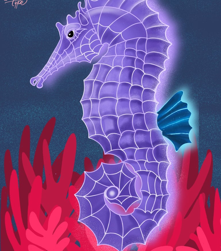 Caballito de mar ilustrado en digital, ilustración del caribe, el mar, animales marinos, tropicales.