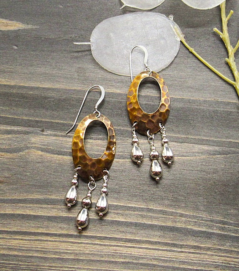 hammered brass with sterling silver teardrops earrings