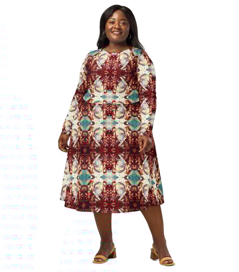 a woman in a floral dress with a floral print