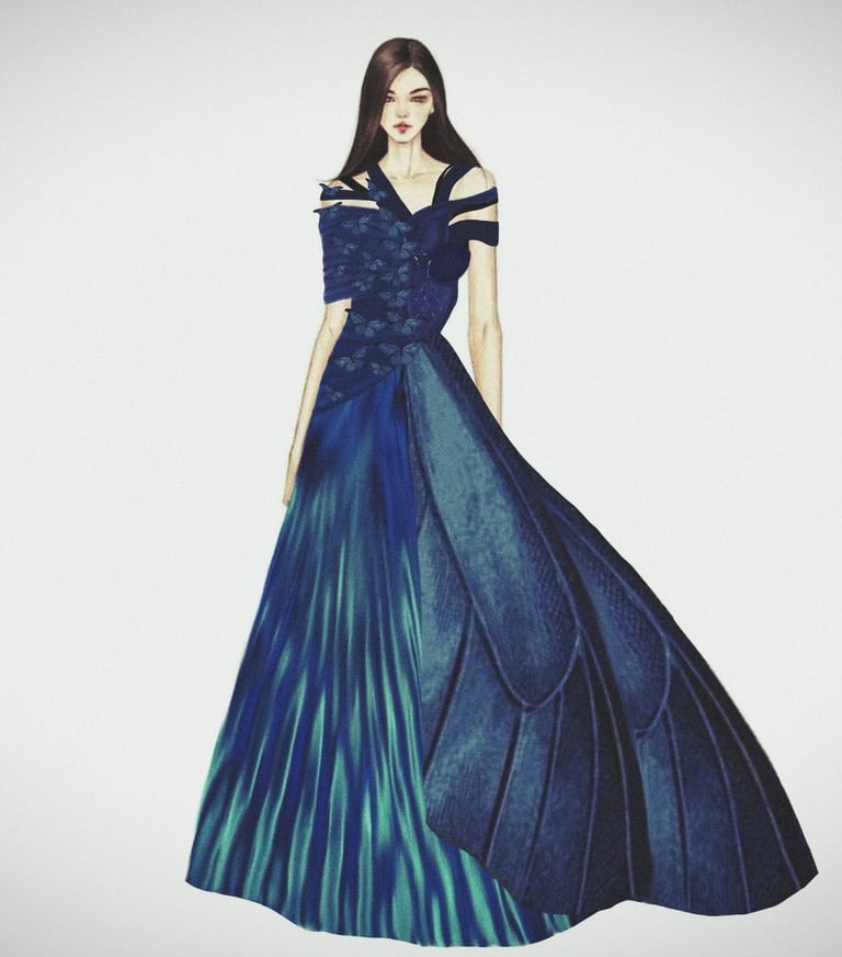 Blue butterfly evening ball gown