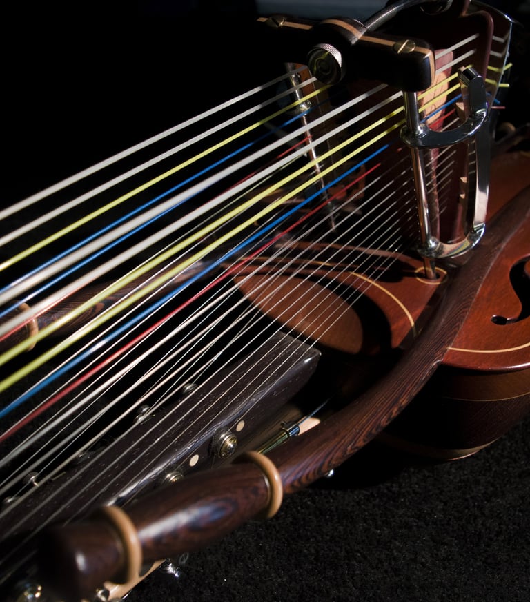 Gros plan sur les cordes de la kora chromatique Jazzy-kora