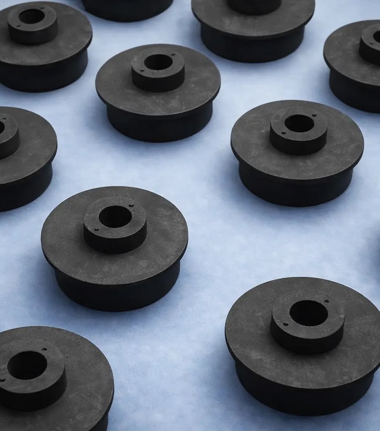 Componenti in gomma Hulemex allineati su sfondo blu, visual per branding consapevole del prodotto.