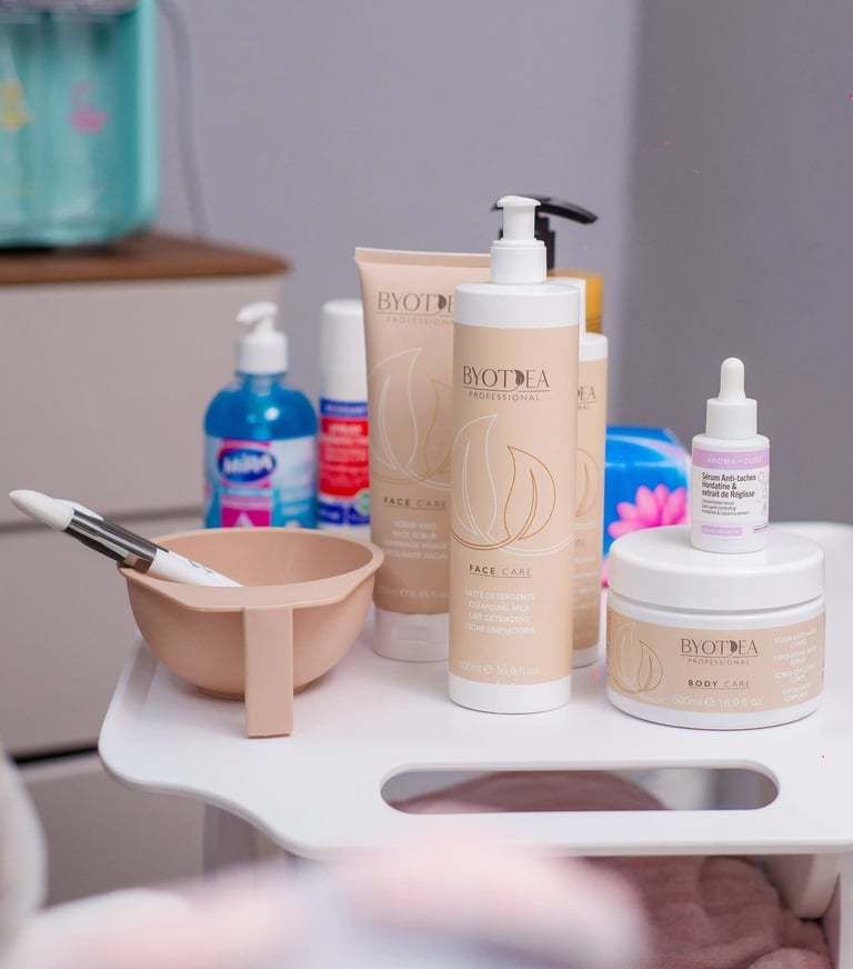 a table with a lot of beauty products on it