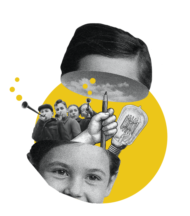 Collage of children, a lightbulb, and a pencil emerging from an open head, symbolizing ideas.