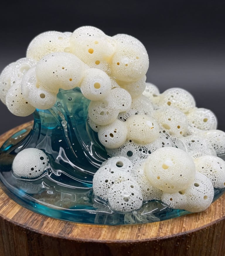 Detailed photography of a resin 'ocean' piece, showing textures of Almond White sea foam and transparent blue-green water on a wooden base.