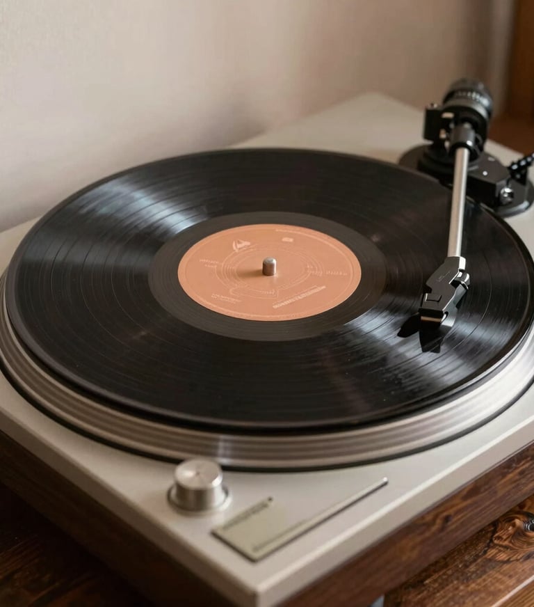 A vintage vinyl record spinning on a high-end turntable with wooden accents, soft lighting, warm brownish grey tones, International / Western.