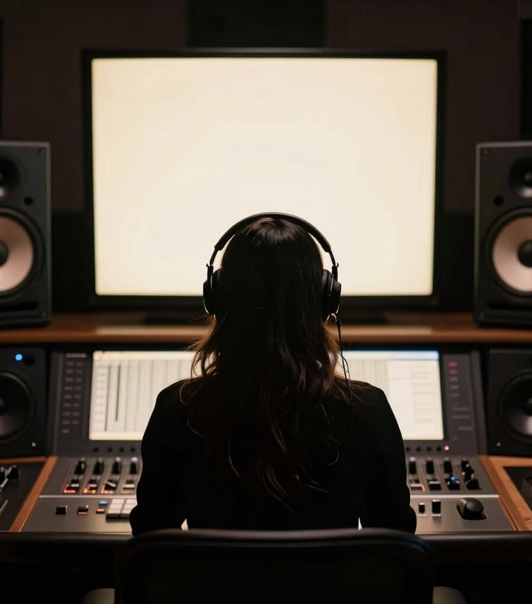A professional female music producer silhouette in front of large studio monitors, warm pearl cream glow from the screens.