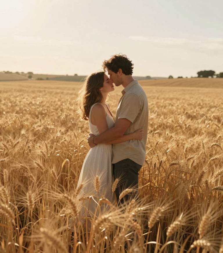 A couple embracing lovingly in the middle of a golden wheat field, Iberian landscape, warm cinematic backlighting, rich earthy tones.