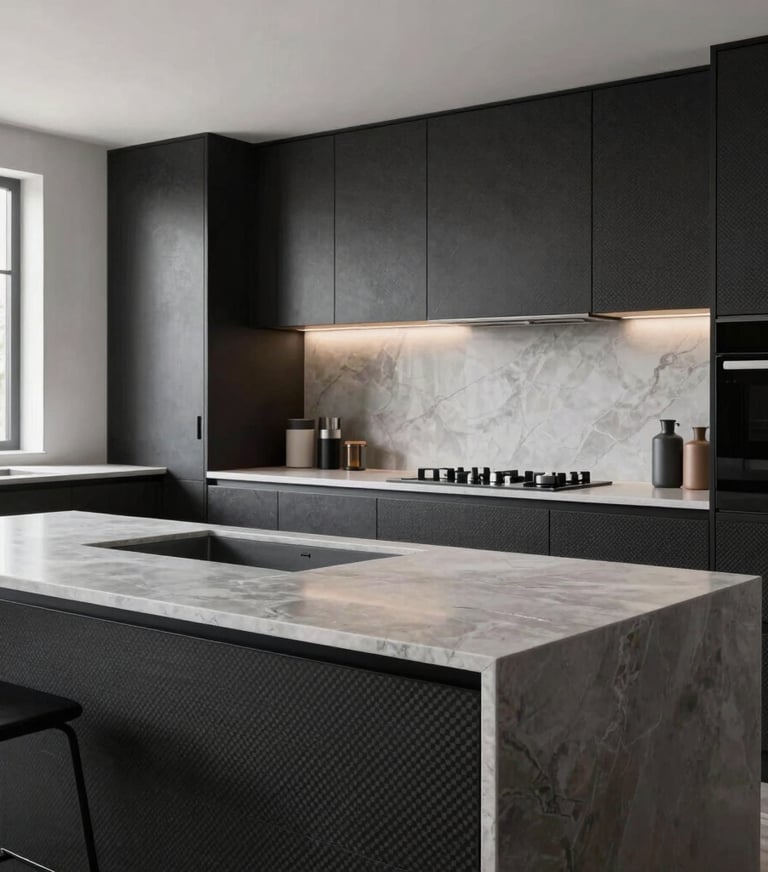 Modern kitchen design with carbon black cabinetry and light silver stone countertops, clean lines, minimalist aesthetic, bright natural light.