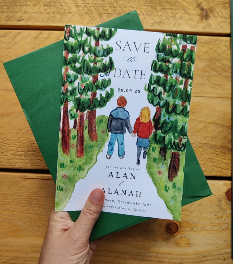 a save the date of a couple walking in the woods