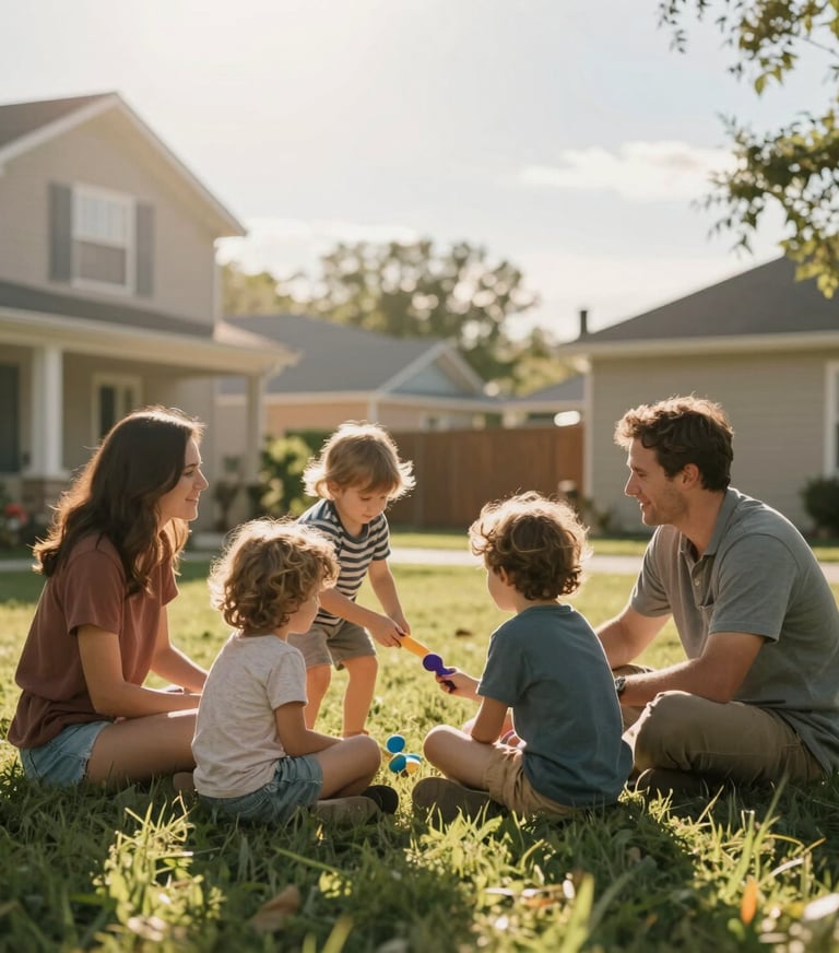 Authentic interaction of a family playing in a North American / US suburban backyard, cinematic sun flare, warm and friendly atmosphere.