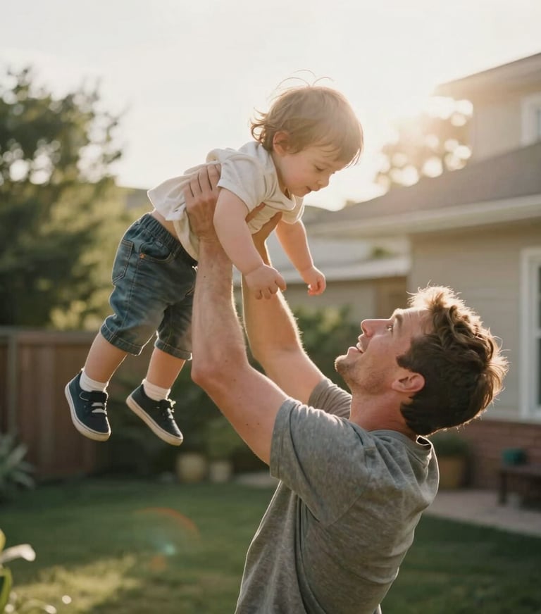 A large cinematic hero image of a father lifting his child in a backyard, sun flares, authentic and warm lifestyle photography.