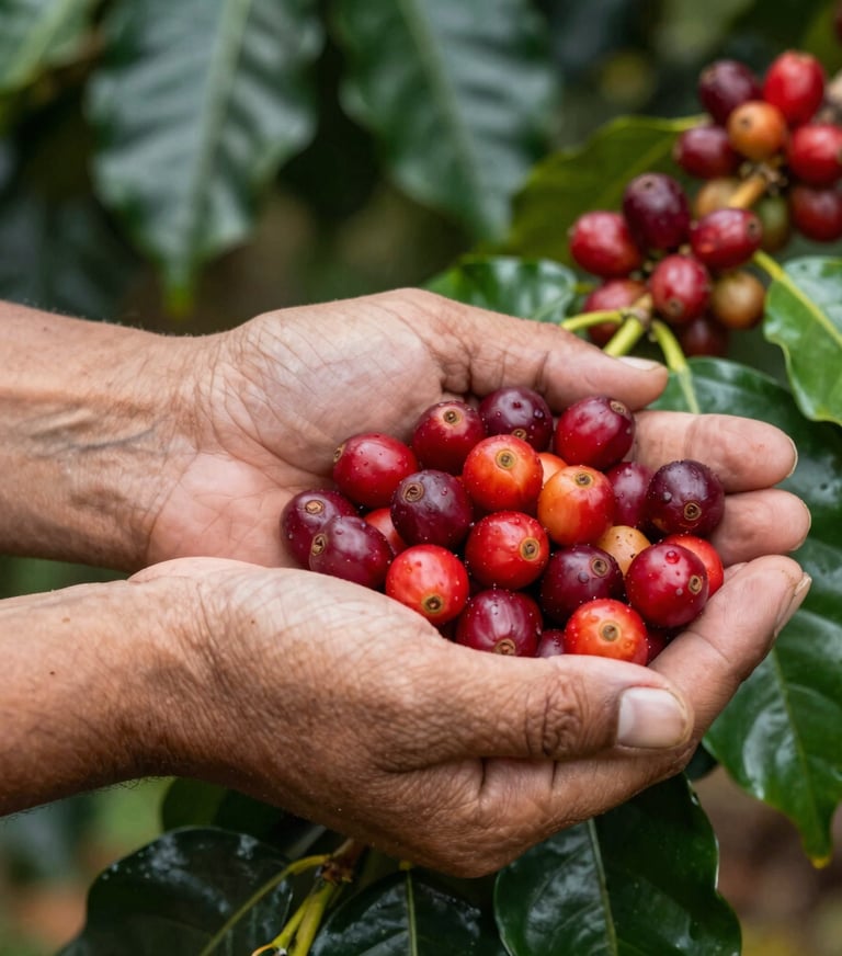 Detailed shot of hands with a South American / Latin complexion gently holding a handful of freshly picked, bright red coffee cherries. Vibrant greens and deep reds dominate the palette. Soft sunlight.