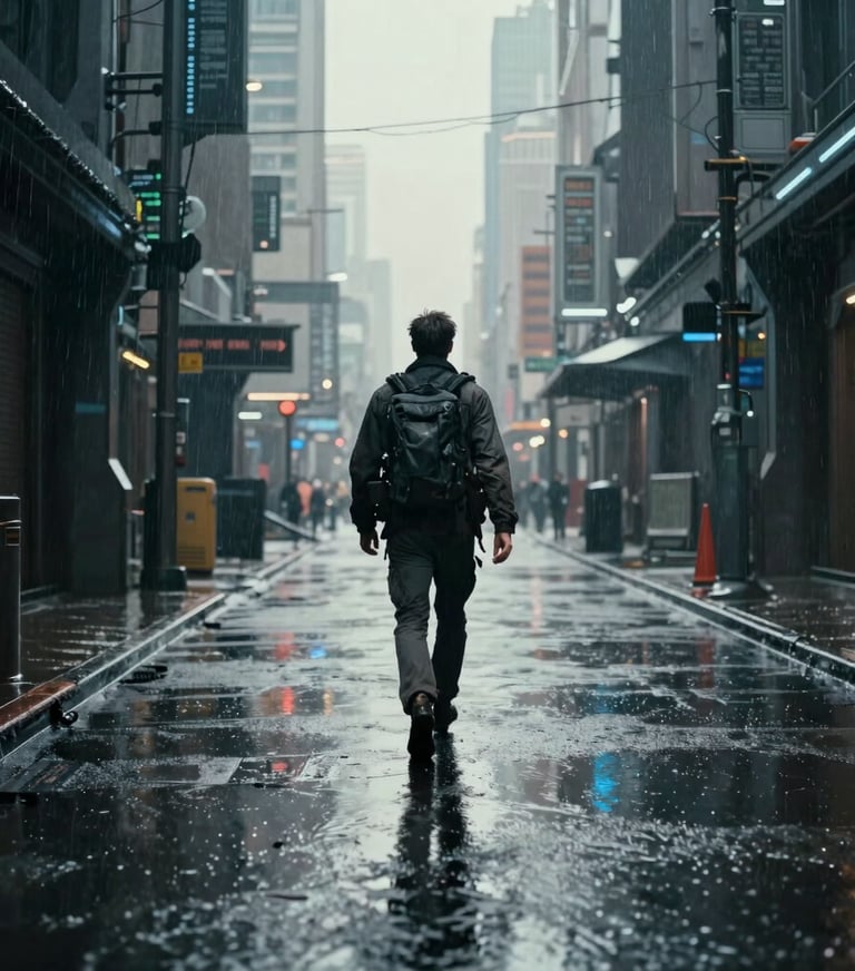 A dramatic still from a sci-fi film set in a futuristic North American city. High-contrast lighting highlights a lone figure walking through a rain-slicked alleyway with cool blue and off-white reflections.