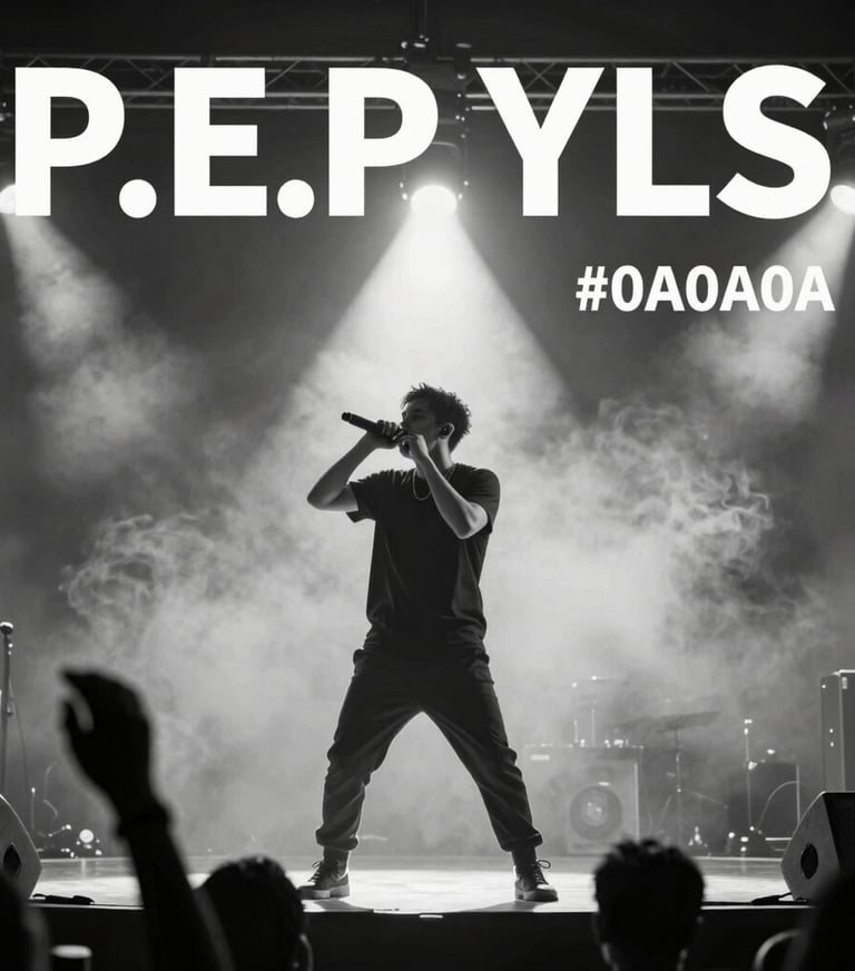 An action shot of P.E.P YLS performing on a stage with a dramatic spotlight, smoke, and an audience silhouette, emphasizing powerful presence in #0A0A0A.