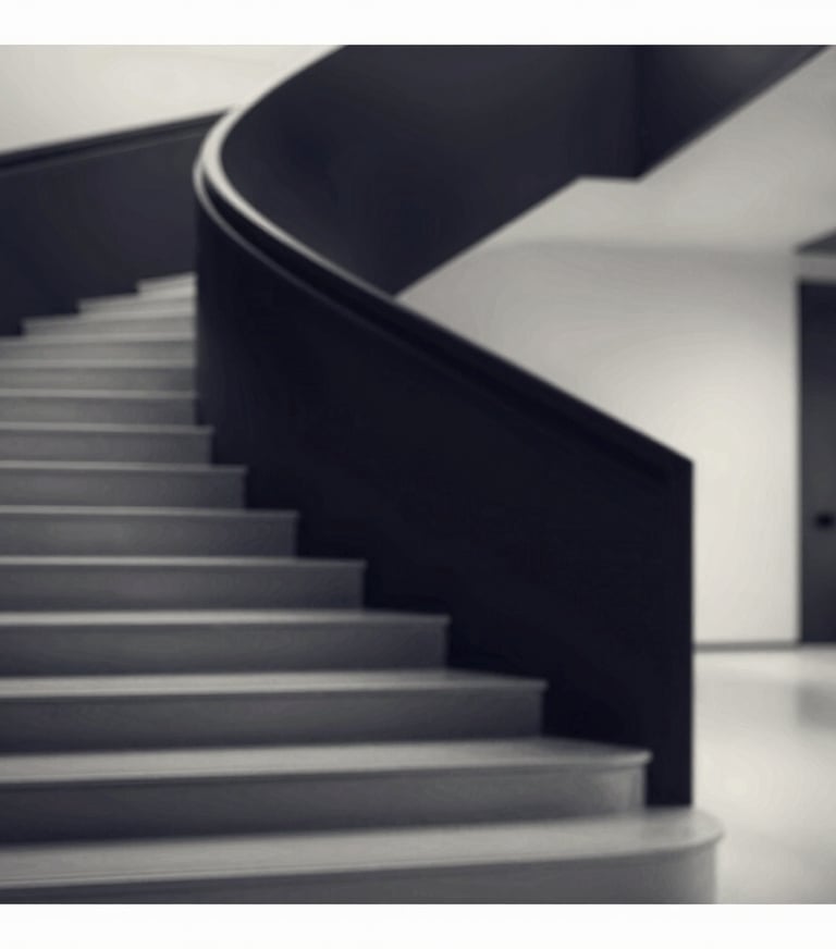 A high-contrast black and white shot of a modern staircase, evoking a sense of structure and design precision. The shadows are deep navy #0D1B2A, and the highlights are crisp #E0E1DD.