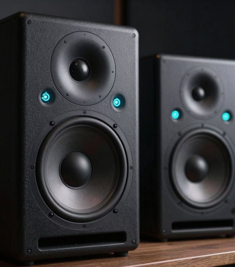 Professional studio monitor speakers in a dark room, featuring subtle neon cyan light glowing from the power indicators. Clean, modern, dark charcoal textures in a South American / Colombian studio.