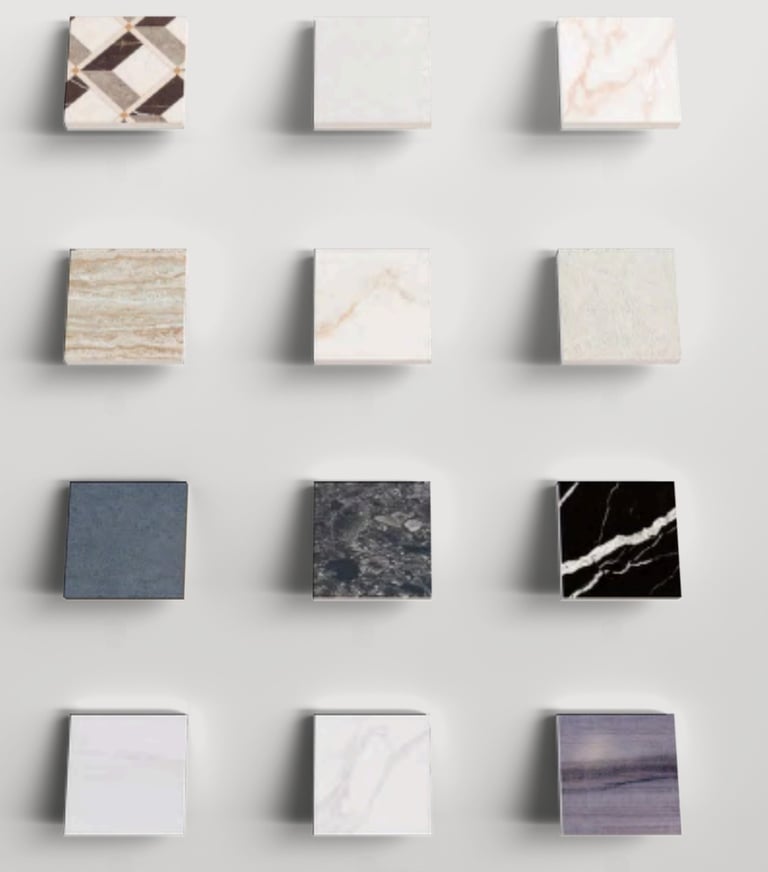 Square tile samples arranged in a grid. The tiles feature various textures and colours