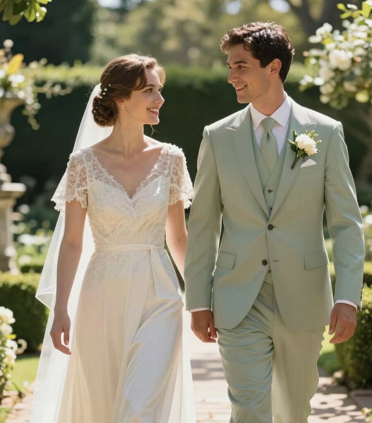 A candid and elegant wedding portrait of a couple walking through a sun-drenched North American / European historic garden, wearing timeless formal attire, bright off-white and soft green tones.