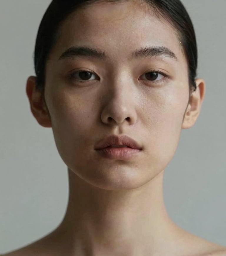 Minimalist high-fashion portrait of a person with a serene expression. Soft directional light and neutral tones with a light gray background. International / Professional.