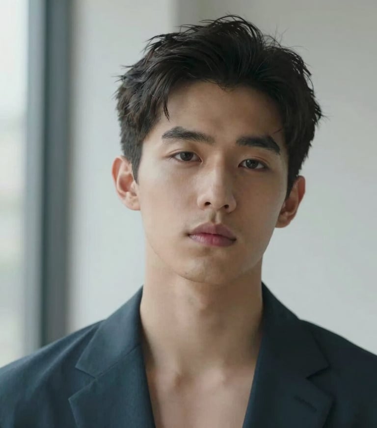 Artistic portrait of a male talent with strong features, high-fashion aesthetic, soft natural lighting from a large window, neutral colors with a touch of #1A5E63.