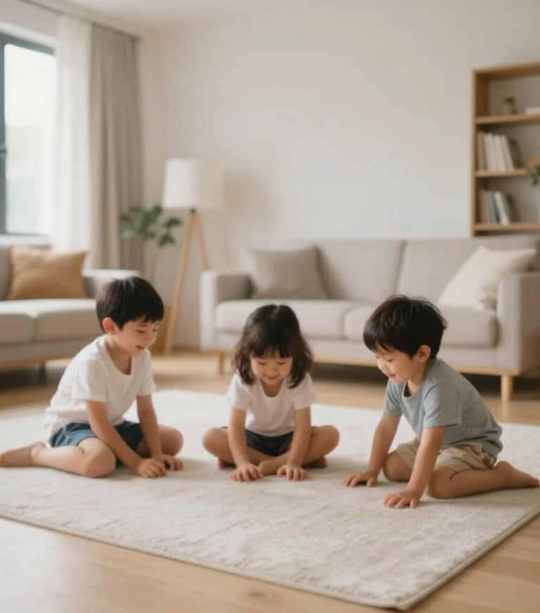 A candid shot of children playing on a soft rug in a spacious, light-filled living room with modern architectural details.