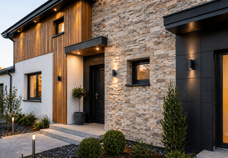 Maison moderne avec façade mixte – pierre naturelle et bardage bois