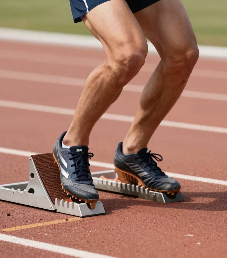 Close-up of a sprinter's starting blocks on a track, dusty texture, focused lighting, professional aesthetic incorporating #0D0D0D and #F2F1ED.