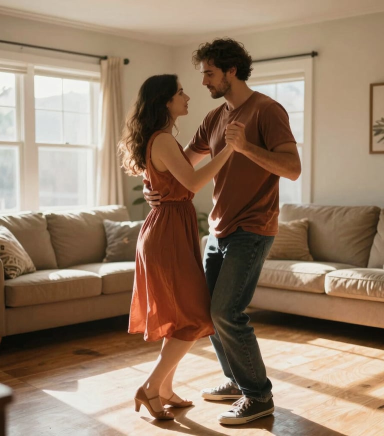 A candid moment of a couple dancing in their North American living room, sun-drenched light streaming through windows. Cinematic photography style, warm Terracotta and Soft Sand tones.