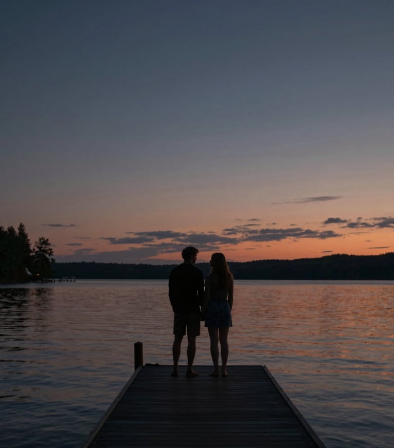 Cinematic wide shot of a couple standing on a dock over a North American lake at twilight. The sky is a deep charcoal blue with warm terracotta reflections on the water.