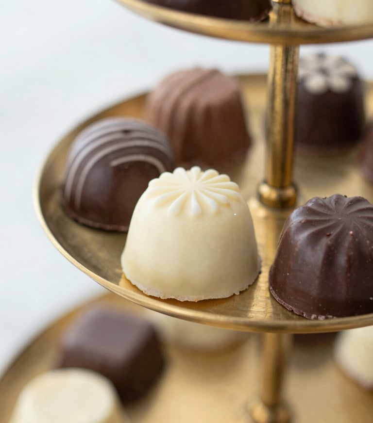 Surtido de trufas de chocolate gourmet y pralinés de chocolate blanco exhibidos en un puesto.