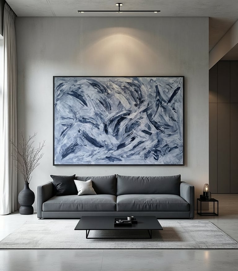 Modern living room with a large blue abstract wall art piece above a charcoal gray sofa and minimalist coffee table.