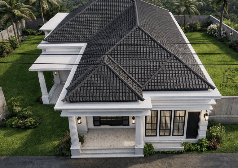 Desain fasad rumah modern tropis dengan atap pelana
