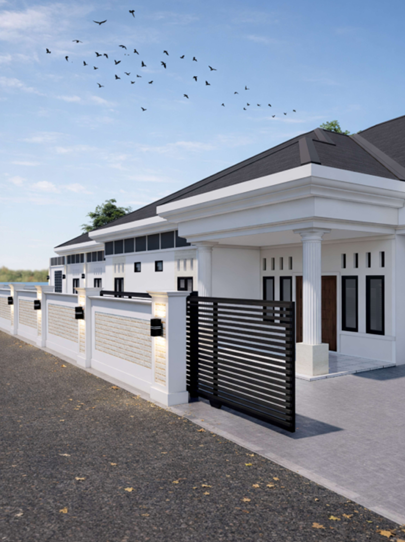 Eksterior rumah tropis modern dengan atap pelana lebar, kombinasi fasad batu alam dan kayu, serta je