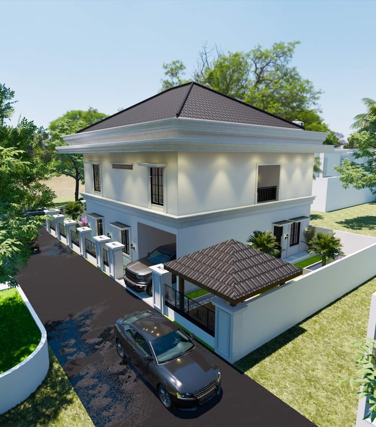 Hunian dua lantai warna putih dengan desain klasik modern