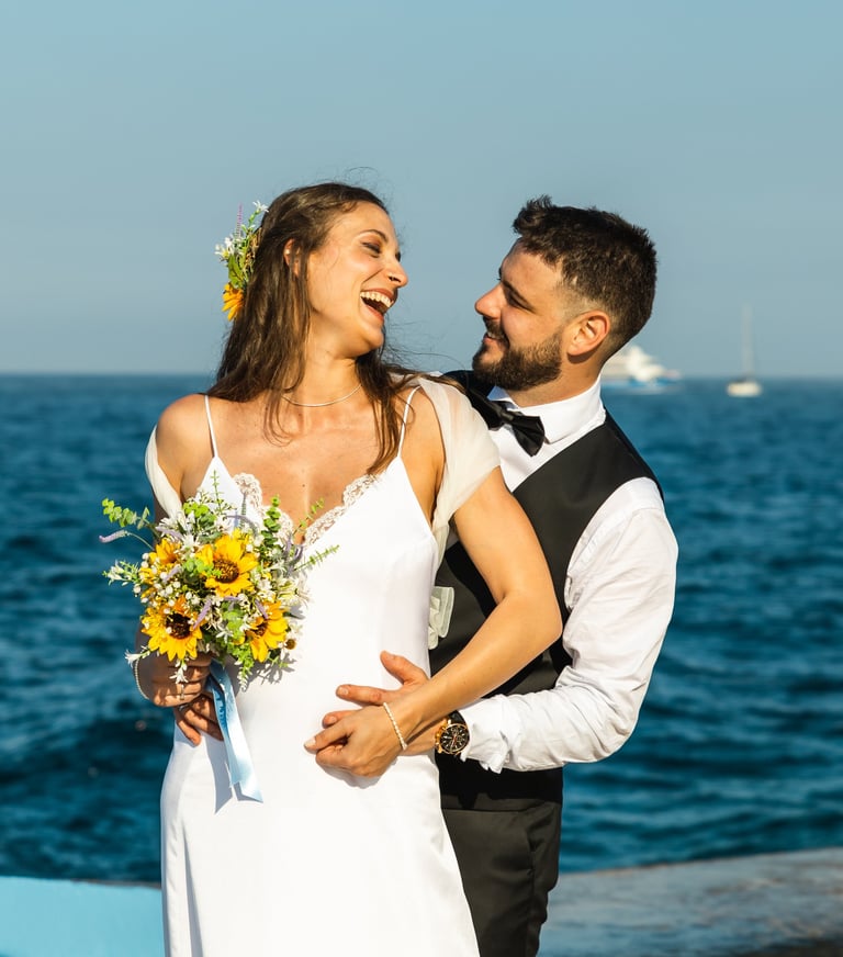 seaside wedding photoshoot, candid laughing couple, seaside Malta