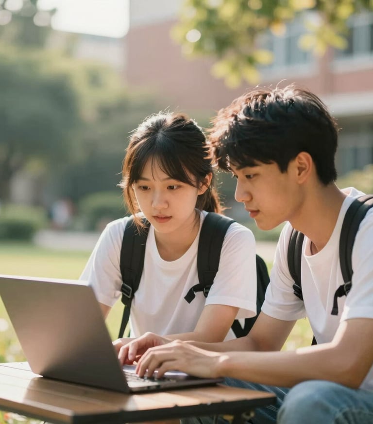 Visual outcome of an educational app: Two students looking at a screen together in a bright, warm campus garden. The interaction is authentic and the lighting is sun-drenched and cinematic.