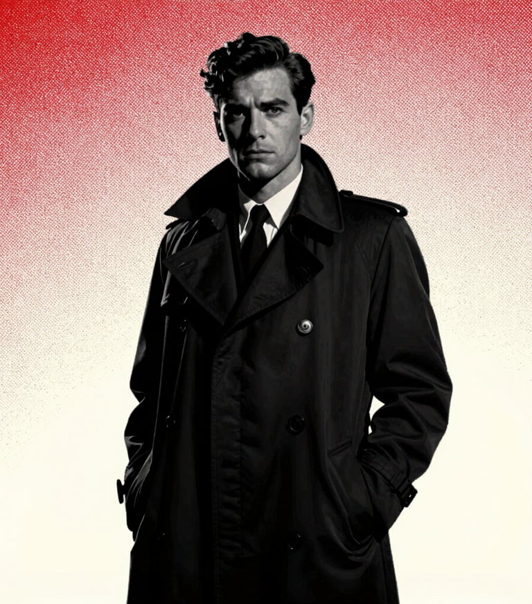 Portrait of a man in a trench coat, 1960s style, silhouettes in black #1A1A1A against a red #D4202B and white #FDFDF5 halftone background, minimalist movie poster aesthetic.