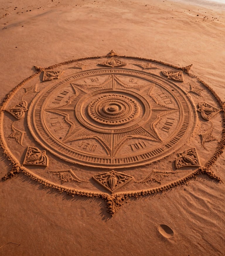 A top-down cinematic view of a massive sand mandala on a soft sand beach, the warm terracotta orange light of the setting sun casting long shadows.