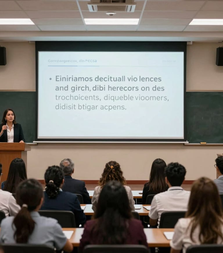 A wide angle shot of an authoritative educational seminar in a bright Mexican / Latin American university hall, showing a woman speaker presenting research findings about digital violence on a clean white display screen.