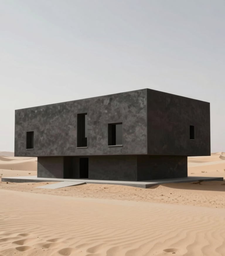 Modern brutalist structure in a desert landscape, soft sand colors, strong shadows, minimalist composition #F9F7F2 #333333