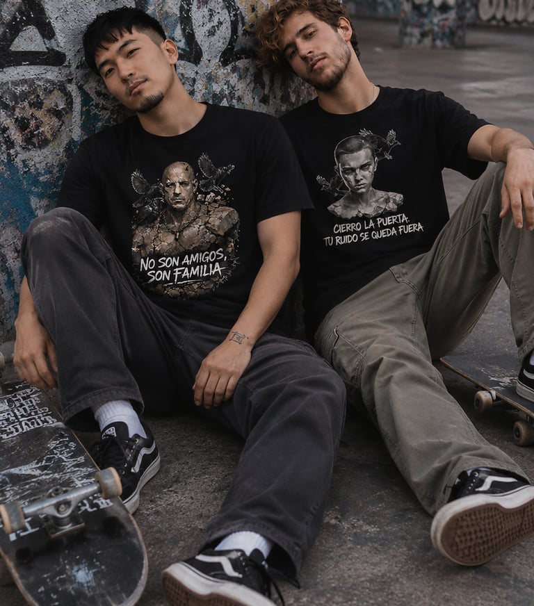 Chicos con camisetas de moda urbana streetwear busto marmol Santa Paciencia Toretto y Once