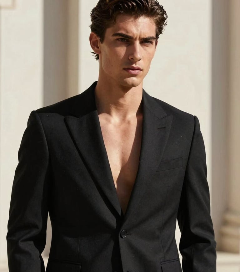 Male model posing for high-fashion editorial in a tailored Jet Black blazer, harsh direct sunlight, Off-white architectural background.