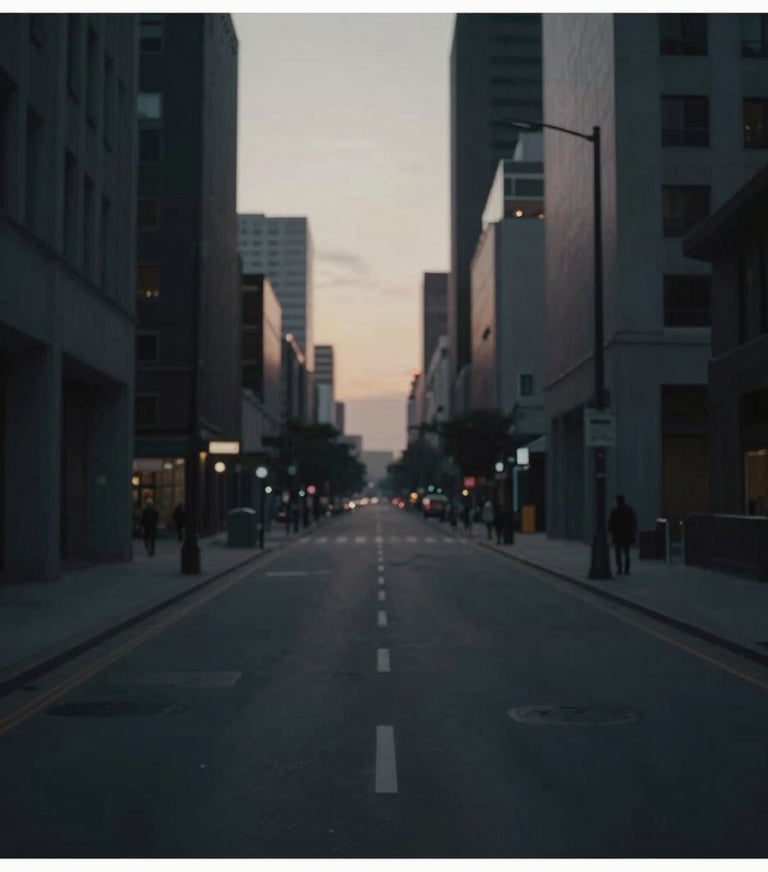A cinematic frame of a lonely street at dusk, high contrast, moody lighting. Minimalist urban aesthetic incorporating #4A616F and dark shadows.